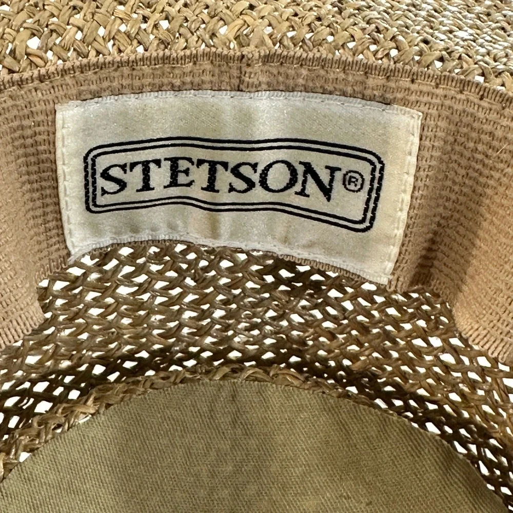 Stetson Straw Sun Hat Women Tan Wide Brim Boater Fedora Leather Band Summer
